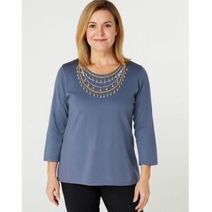 Designer Bob Mackie Wearable Art Size L Blue Beaded Neckline 3/4 Sleeve Top # D